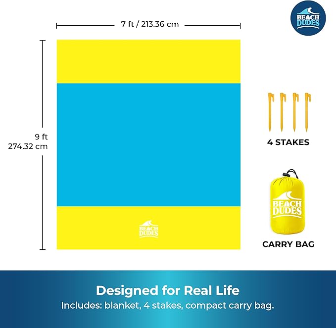 Sunny Day Oversized Beach Blanket - 108x84 XL Sandproof Water-Resistant Picnic Mat | Lightweight Ripstop Nylon for Travel &amp Camping | Includes 4 Stakes and Carry Bag