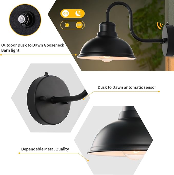 Dusk to Dawn Outdoor Wall Sconces Exterior Farmhouse Gooseneck Barn Light Vintage Matte Black Outside Wall Mount Light Fixture Anti-Rust Waterproof Outdoor Light for Porch Garage