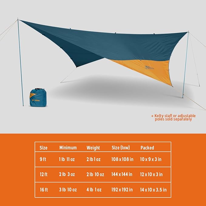 Kelty Noah’s Tarp Sun Shelter and Multi-Use Awning Rainfly Portable Canopy UV Protection Waterproof + Durable 3 Sizes for Customized Pitch