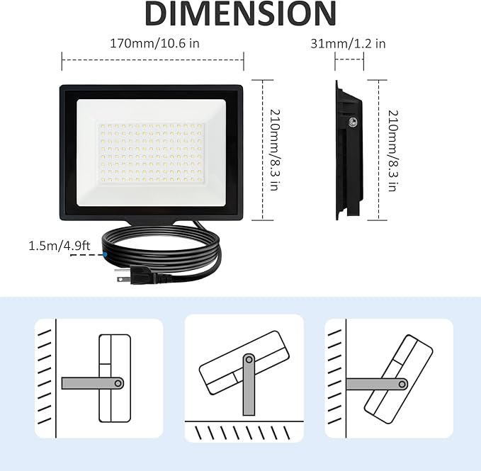 Flood Lights Outdoor7200LM Bright Work Light Plug in6500K Daylight White LED Flood Light Outdoor IP66 Waterproof Exterior Floodlight for Yard Garage Stadium 2 Pack (60W)