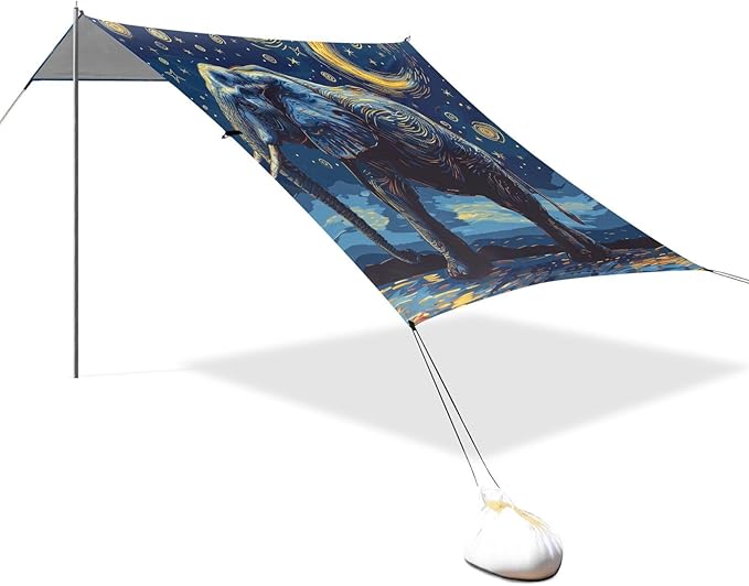 ALAZA Elephant Starry Sky Moon Beach Tent Sun Shelter UPF50+ Protection Beach Shade Canopy w/ 4 Sandbags for Outdoor Camping Fishing Backyard Fun Picnic 10x9 ft