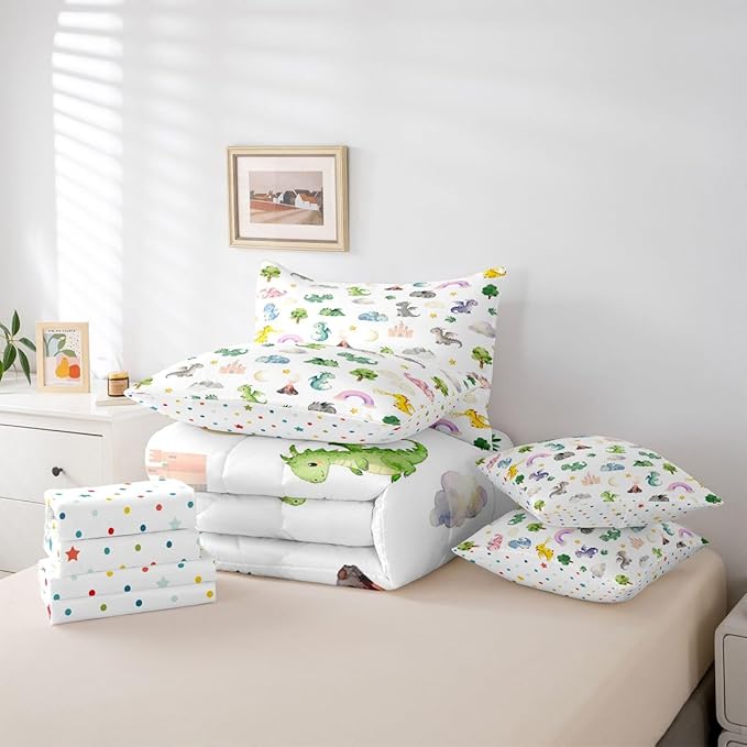 Baby Dragon 7 Piece Bedding Set Full Size Animal Comforter Set with SheetsPillowcases &amp Cushion Cover for Boys Girls Bedroom Decor Cartoon Wildlife Bed in a Bag Microfiber Women Men White Green