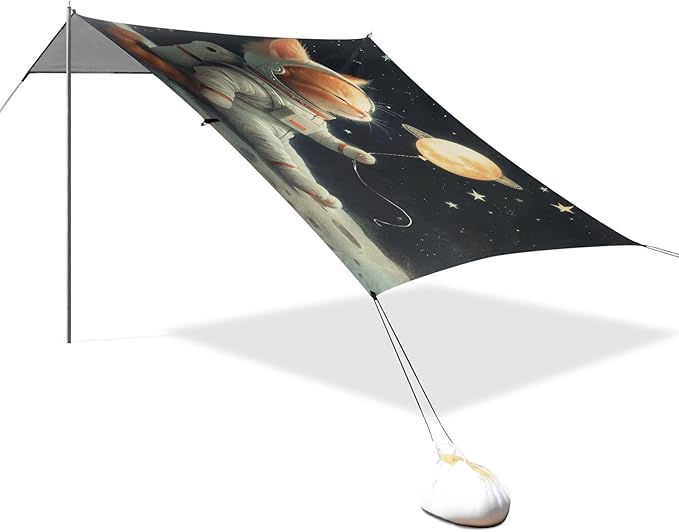ALAZA Cat Kitten Astronaut Beach Tent Sun Shelter UPF50+ Protection Beach Shade Canopy w/ 4 Sandbags for Outdoor Camping Fishing Backyard Fun Picnic 10x9 ft