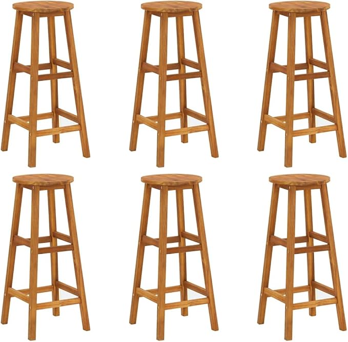 Set of 6 Solid Acacia Wood Bar Stools with Standard Footrest Rustic Indoor Outdoor Seating for High Table Durable Oil Finish Comfortable Square Design