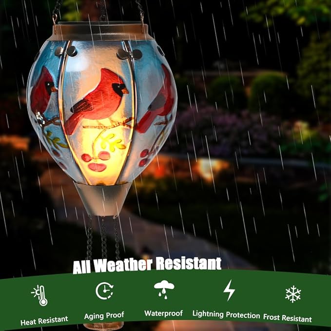Hot Air Balloon Solar Lantern - Cardinal Bird Glass Lantern Simulated Flickering &amp Dancing Flame Outdoor Hanging Yard Light Waterproof IP65 for Patio Lawn Porch Decor Gift