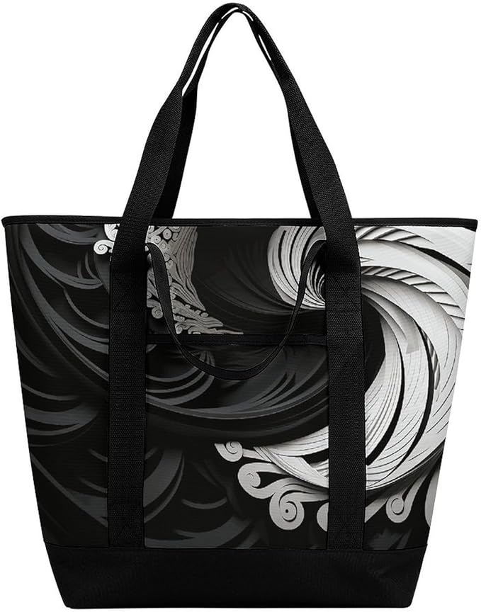 Insulated Shopping BagLarge Reusable Cooler Bags Black And White Image Printed Foldable Shopping BagTravel Waterproof Shoulder Bag