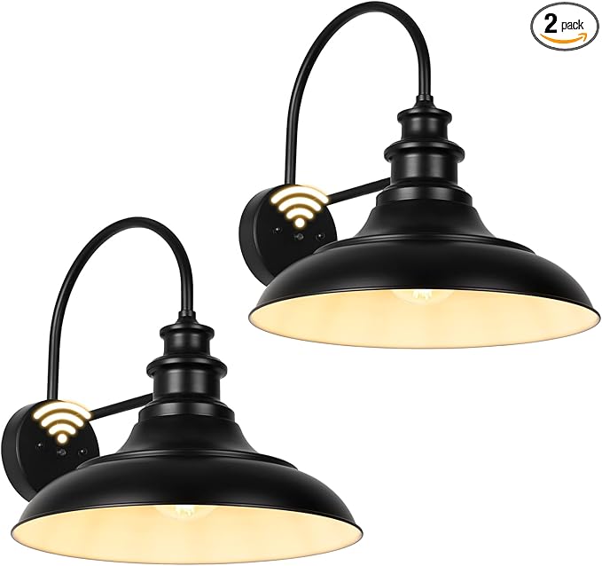 Dusk to Dawn Sensor Outdoor Barn Light Fixtures 16 Inch Dome Farmhouse Outdoor Wall Sconces Rustic Exterior Wall Mount Lights Industrial Black White Lanterns for Porch 2 Pack