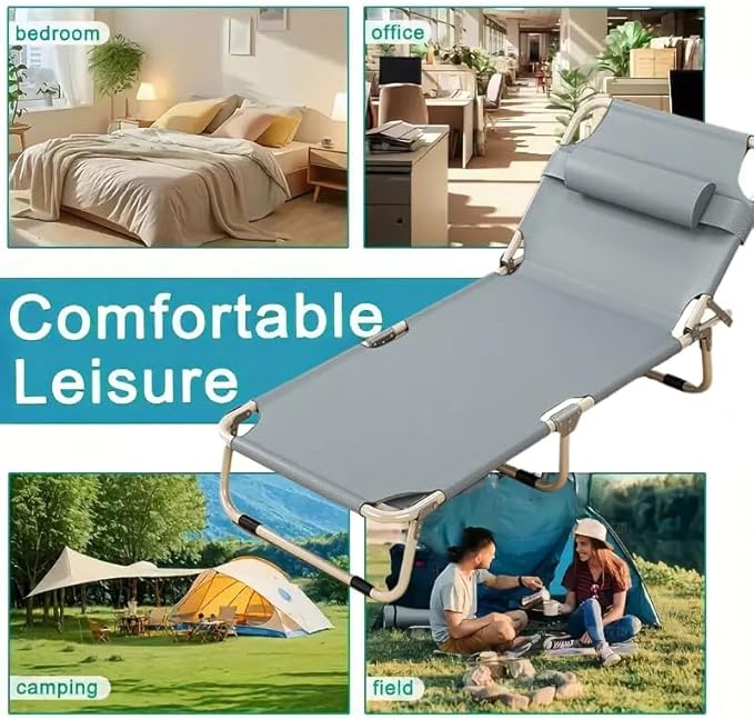 Leo IRis Portable Folding Camping Cot Oversize Adjustable 5-Position Adults Reclining Lounge Chairs with Pillow Heavy Duty Oxford Cloth 600D with Mattress (Gray - Simple Bed (No Mat))