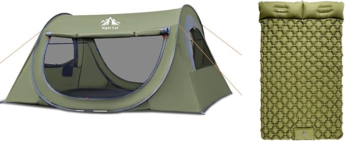 Night Cat Pop-up Camping Tent with Inflatable Double Sleeping Pad for 2 Persons Tent Combo Set