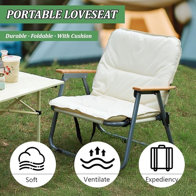 Folding Camping Chair with Seat Cushion Outdoor Foldable Seat Beach Chair Portable Camp Chair for Indoor Patio Travel Picnic Sports Khaki