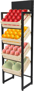 Market Retail Display Rack 4-Tier Fruit Vegetable Storage Rack Solid Wood Baskets &amp Iron Frame 44.09LBS per Tier Load Space-Saving Free Standing Shelf for Supermarket Home Fruit Store