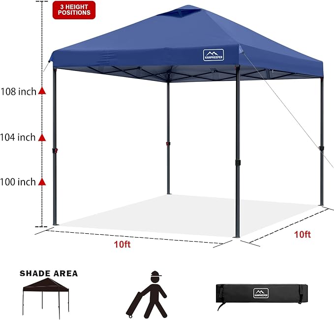 KAMPKEEPER One Person Setup 10x10 Pop up Canopy Tent Instant Portable Canopy One Push Outdoor Canopy with 3 Adjustable Heights Wheeled Carry Bag Bonus 8 Stakes and 4 Ropes(Navy)