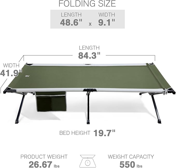 EVER ADVANCED Extra Wide Camping Cot for Adults Oversized XXL Sleeping Cots Folding Cot Bed with Carry Bag 84.3 L x 41.9 W Support to 550 lbs