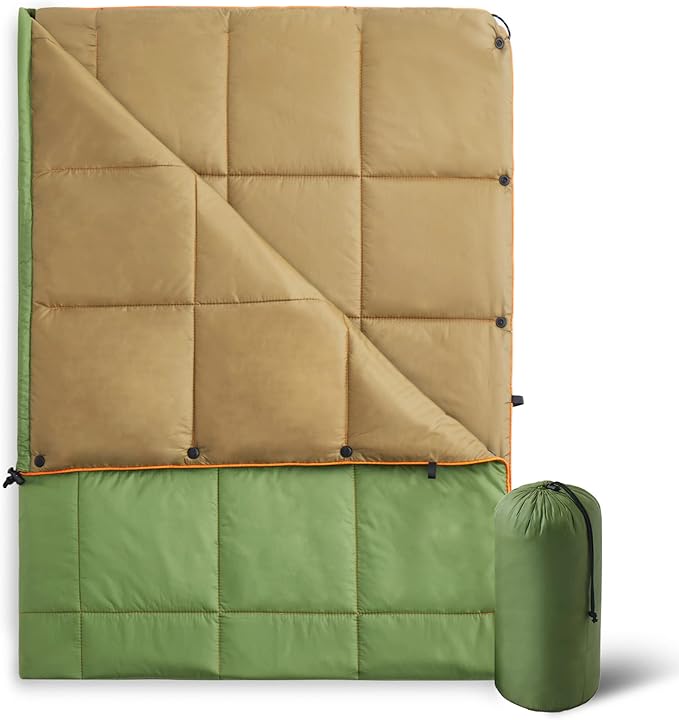 UNIKOME Waterproof Puffy Camping Blanket - Lightweight Packable Outdoor Quilt with Snaps &amp Corner Loops Warm Compact Blanket for Cold Weather Hiking Picnic Stadium Travel 75×52 Army Green&amp