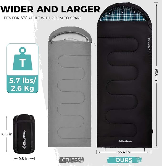 KingCamp Sleeping Bag for Adults Cold Weather &amp Warm XL Big and Tall Flannel Sleeping Bags with Compression Sack Portable Waterproof Essentials Gear Accessories for Outdoor Camping