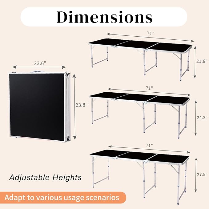 Folding Camping Table6FT Aluminum Folding Picnic Table with 3 Adjustable HeightHeavy Duty 3 Fold Utility TableIndoor Outdoor Portable Lightweight Beach Accessories with Carrying Handle (Black)
