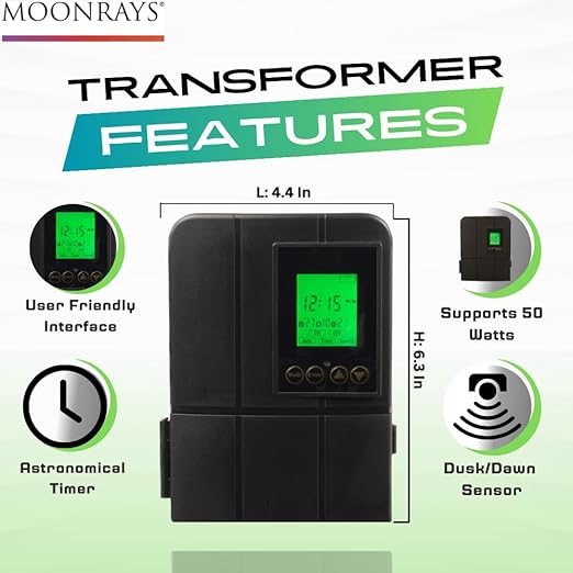 Moonrays 50W Low Voltage Landscape Transformer with Astronomical Timer Dusk/Dawn Weather Resistant Outdoor LED Power Lighting Transformers for Bright Pathway Garden Driveway Lights CETL Approved
