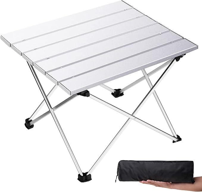 Grope Small Folding Camping Table with Aluminum Table Top Beach Table for Sand with Carrying BagPrefect for Outdoor Picnic BBQ Cooking Festival (Silver-M)