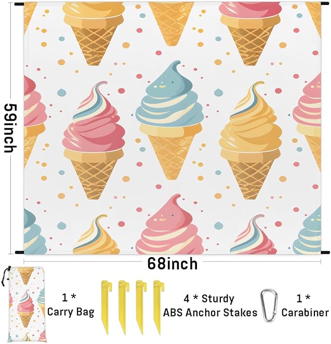 Waterproof Sandproof Beach Blanket 59''×68'' Ice Cream Polyester Outdoor Picnic Blanket with 4 Stakes &amp Storage Bag for BeachCampingVacation White Background