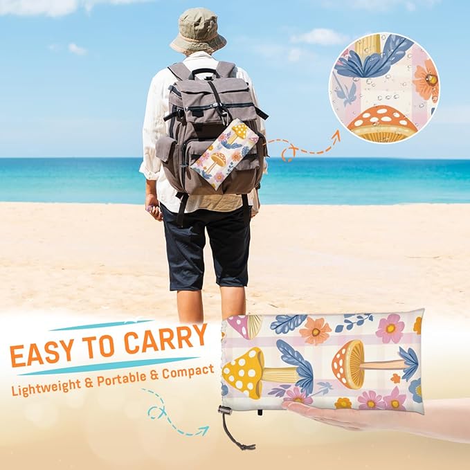 Waterproof Sandproof Beach Blanket 59''×68'' Fungal Mushrooms Polyester Outdoor Picnic Blanket with 4 Stakes &amp Storage Bag for BeachCampingVacation Flower