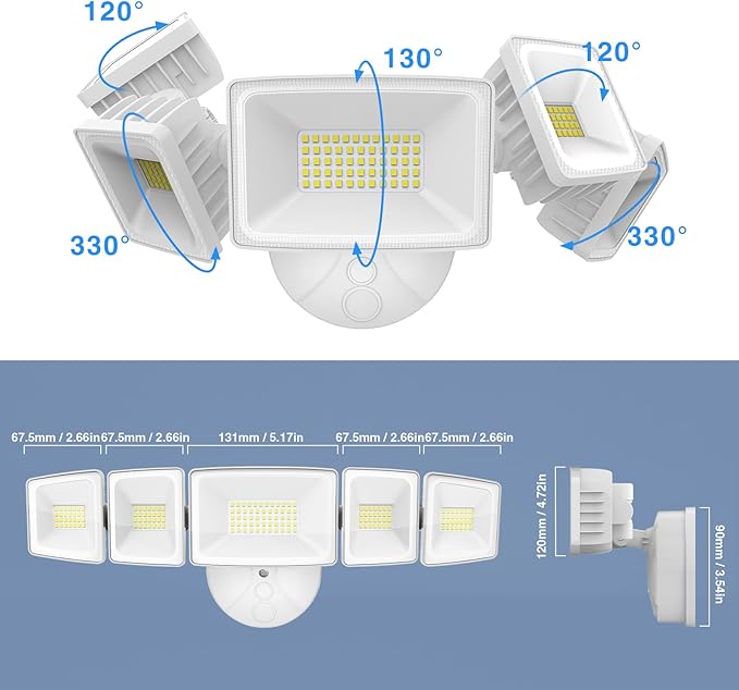 120W Outdoor LED Flood Light 5 Heads Exterior Security Lights 6500K Super Bright Floodlight Fixture Waterproof IP65 Outside Flood Lights for House Backyard White