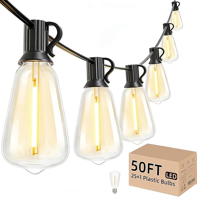 Svater Outdoor String Lights 50 FT Patio String Lights with 25+1 ST38 Dimmable LED Shatterproof Waterproof Bulbs Connectable Hanging Lights for Bistro Backyard Porch Balcony Party