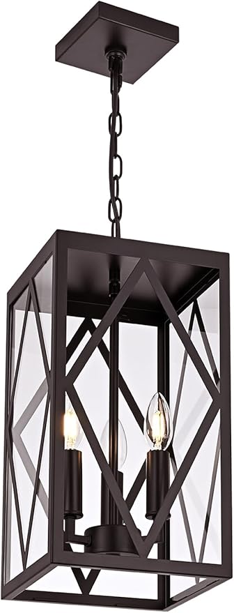 15.7'' Outdoor Pendant Lighting Fixtures 3-Light Outdoor Chandelier Oil Rubbed Bronze Exterior Hanging Porch Light Fixtures w/Glass Shade Outside Pendant Lantern for Front Porch Balcony Foyer