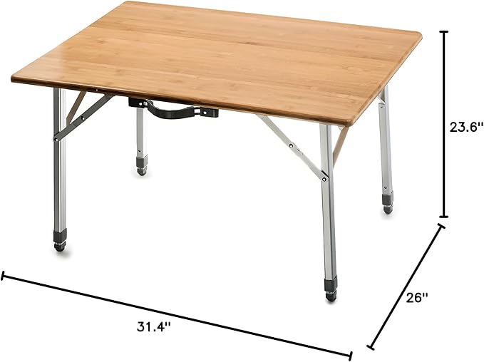 Camco Folding Table | Features Natural Bamboo Top &amp Folding Aluminum Legs for RV Storage and Organization | Adjustable Height 18” - 26” | Ideal for Tailgating Camping RVing the Beach &amp More