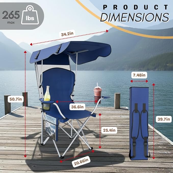 Portable Folding Camping Chairs with Canopy Shade Beach Chair for Adults Durable Weather Resistant 600D Oxford Cloth Camping Chair with Canopy for Outdoors [Navy]