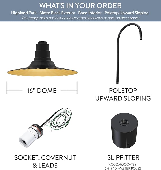 Steel Lighting Co. Highland Park Light | Pole Top Mounted | 16 Radial Wave | Upslope Gooseneck with Slip Fitter for 2-3/8 Standard Poles | Made in America | Matte Black Exterior/Brass Interior