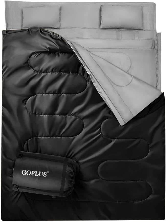 Goplus Double Sleeping Bag for Adults Kids Queen Size XL 2 Person Cold Warm Weather 4 Season Water-Proof Lightweight Sleeping Bags w/2 Pillows Compression Sack Ideal for Camping Backpacking Hiking