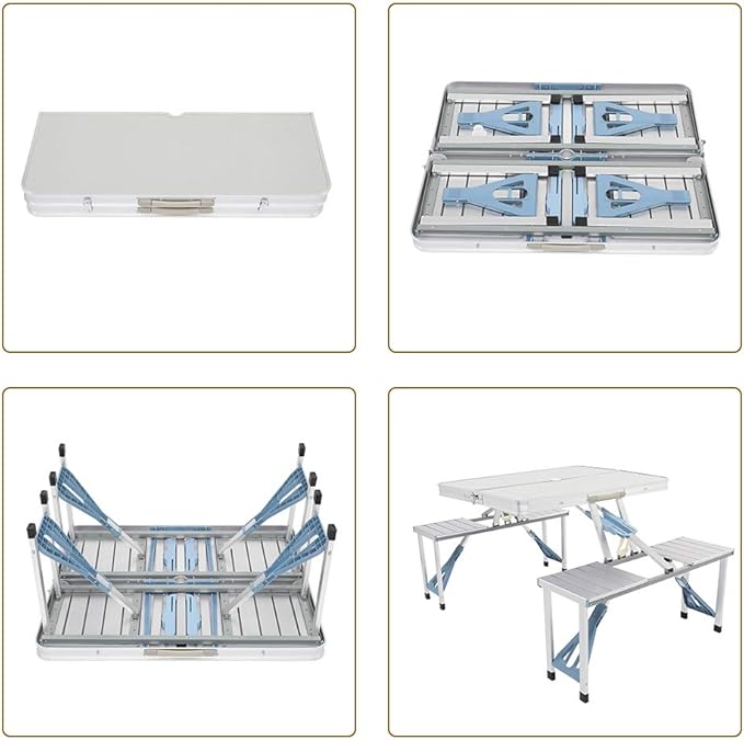 Vasitelan Folding Camping Picnic Table with Seats/Umbrella Hole Lightweight and Fold Up Card Suitcase Table Aluminum Alloy Frame RV Tabletop with Soft Handle (Style 1)