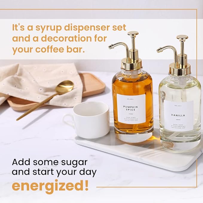 Molimoli Syrup Dispenser for Coffee Bars Glass Syrup Bottle w. Pump 16.9 oz 500 ml Set of 2 Gold Upgraded Dispenser