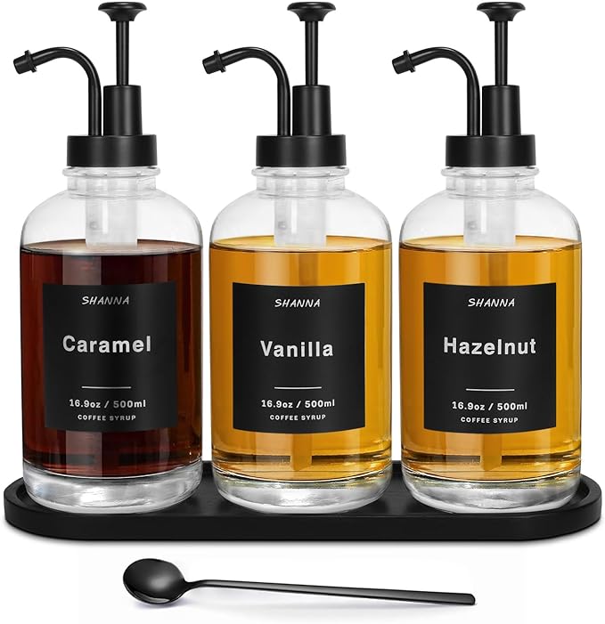 Coffee Syrup Dispenser for Coffee Bar 16.9oz 500ml Glass Syrup Dispenser w Black Coffee Scoop Coffee Syrup Pump Dispenser w 36 Labels and Bamboo Tray Coffee Syrup Bottles with Black Pump 3PCS