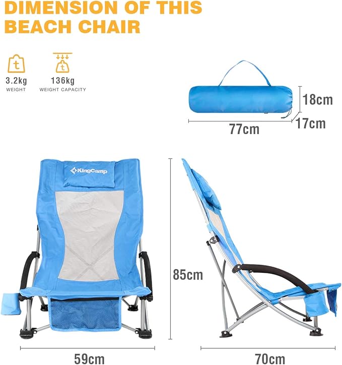KingCamp Folding Beach Tall Sling Chair Set of 2 Compact Beach Chair with Armrests and Breathable Mesh Back Portable 2 Set Blue