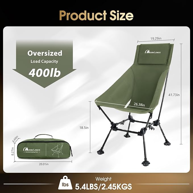 MOON LENCE Oversized High Back Camping Chair for Adults Height Adjustable Folding Chair with 400 lbs Capacity Hidden Pillow Pocket and Wide Seat for Camping Base Camp Fishing Overlanding Green