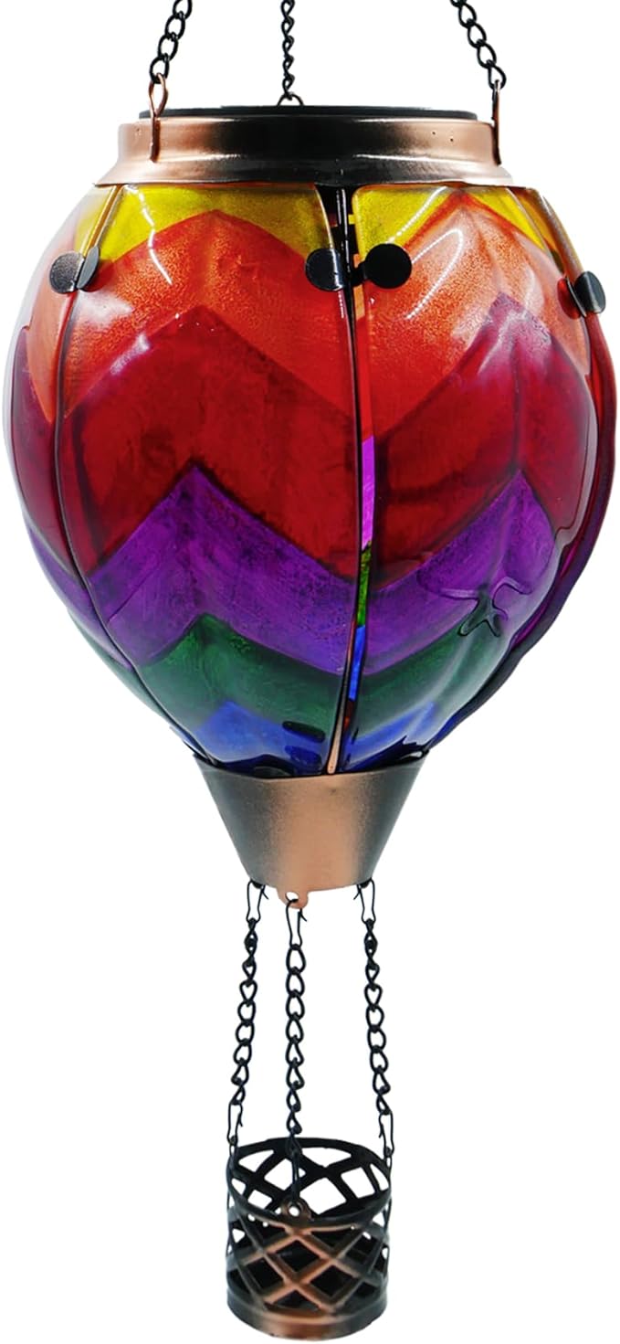 Glass Solar Hot Air Balloon Lantern with Flame Hanging Garden Flickering Light Outdoor Waterproof for Yard Patio Tree Mother's Day Gift Wavy-Colorful
