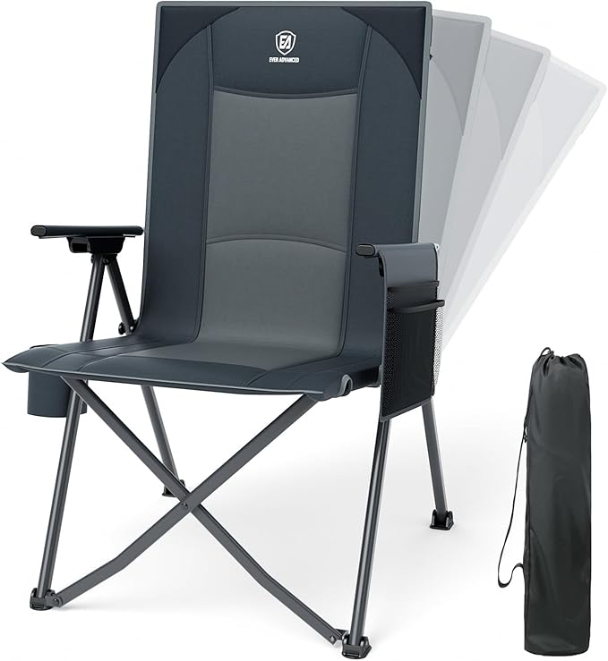 EVER ADVANCED Reclining Camping Chairs for Adult Lightweight Folding Recliner Chair with Adjustable Back 4-Level Lounge Chairs Portable Lawn Chairs for Patio Balcony Supports 350lbs Grey