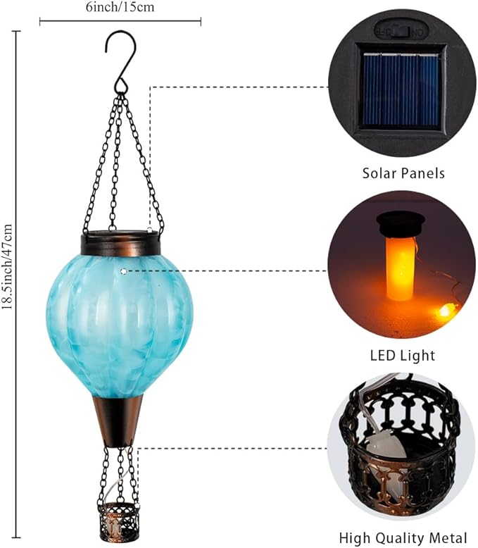 2 Pack Glass Hot Air Balloon Solar Lantern Outdoor Waterproof Hanging Solar Hot Air Balloon Lantern with Flame Solars Lights Decor for Garden Yard Patio Porch(Blue)