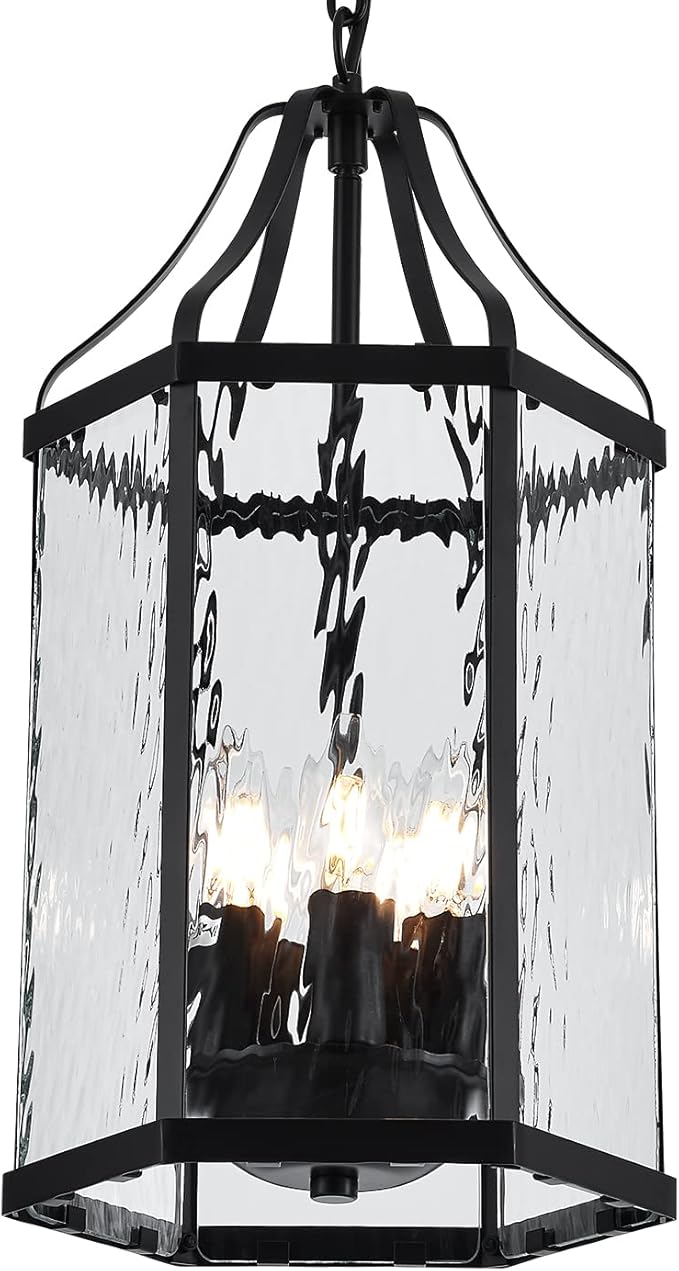 10 Modern 5-Light Exterior Black Lantern Pendant Light Fixture with Clear Rippled Glass Mini Industrial Hanging Cage Chandelier for Outdoor Kitchen Dining Room Hallway Entryway Foyer Porch