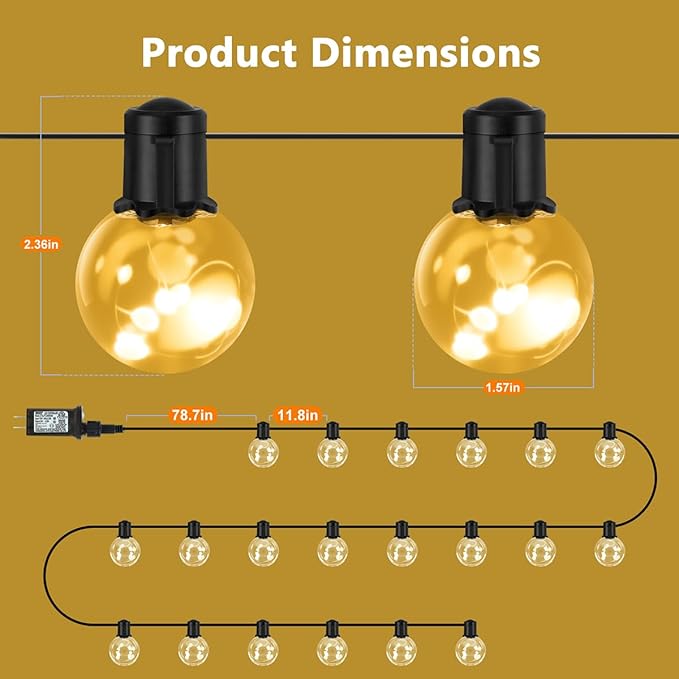 Outdoor String Lights Plug in 25ft 20 LED Bulbs Hanging Patio Lights Dimmable with Timer &amp Remote Globe Bulb Shatterproof &amp Waterproof for Indoor Backyard Balcony Decor - Warm White &amp Mu