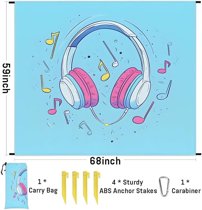 Waterproof Sandproof Beach Blanket 59''×68'' Music Headphones Polyester Outdoor Picnic Blanket with 4 Stakes &amp Storage Bag for BeachCampingVacation Blue