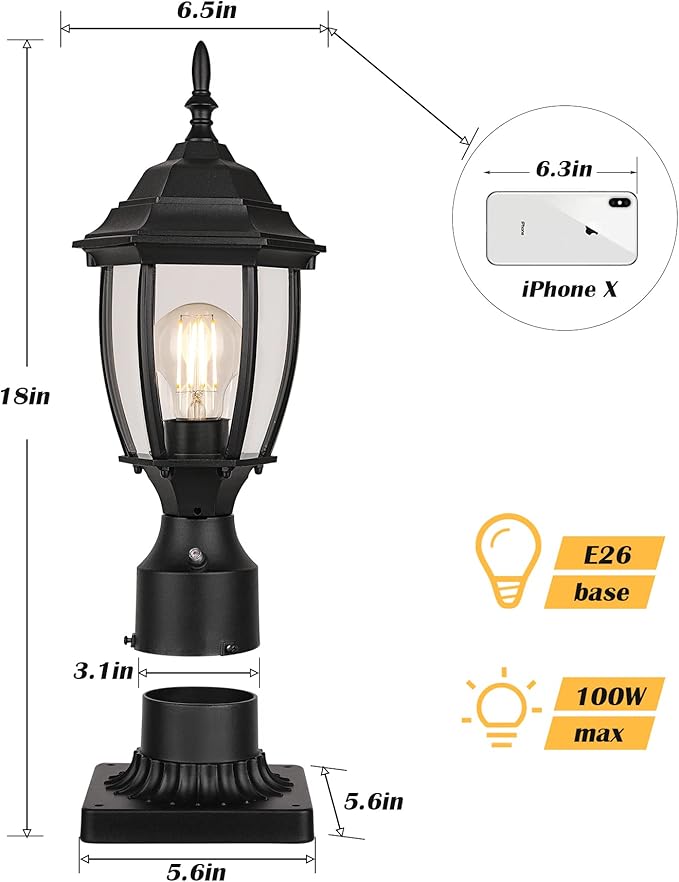 Hardwired 120V Dusk to Dawn Outdoor Post Light 2 Pack Waterproof Aluminum Pole Light Fixture with Pier Mount Base Exterior Lamp Post Lantern Head with Clear Glass for Garden Yard Patio Pathway