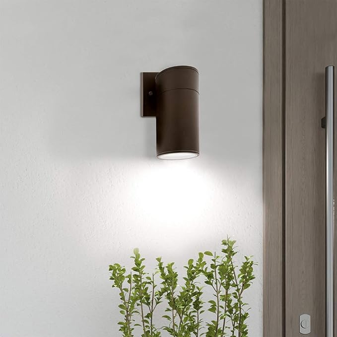 Maxxima Cylinder LED Outdoor Wall Light Modern Wall Wash 12 Watt 840 Lumens 3000K Warm White Sconce Dusk to Dawn Sensor Brown