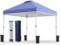 Nazhura 10' x 10' Pop Up Canopy with Sand Weight Bag Awing for Patio Freestanding Sun Shelter for Picnic and Camping One Person Setup White (Blue Stripe)