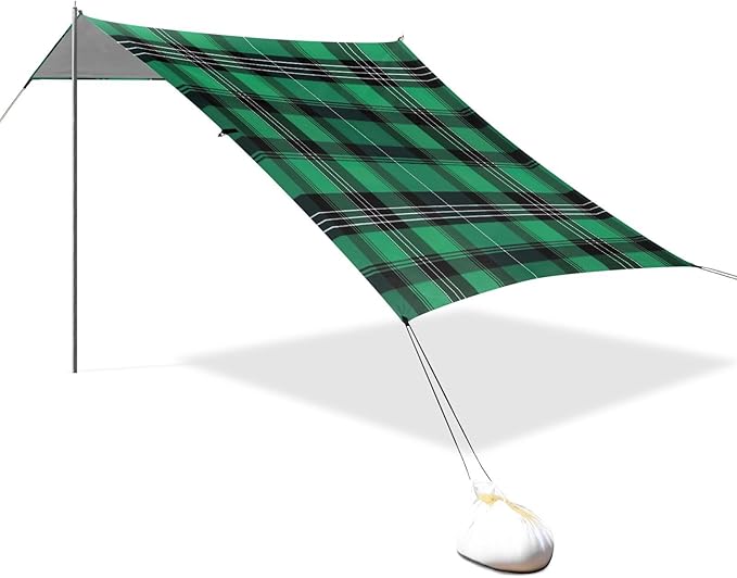 Plaid Texture Green Beach Tent Sun Shelter 9.2' x 10.5' Beach Canopy with 4 Sandbags 4 Stability Poles Sand Shovels - Tent Canopy for Beach Camping Fishing Picnics