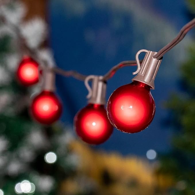 G50 Patio String Lights with 25 Red Globe Bulbs – Outdoor String Lights – Market Bistro Café Hanging String Lights – Patio Garden Umbrella Globe Lights - Brown Wire - 25 Feet