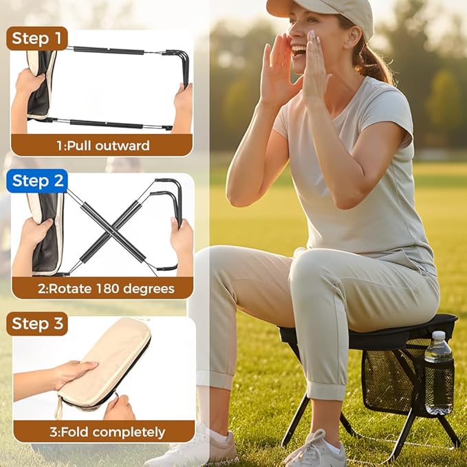 KAMOJI Foldable Backpack Stool 2026 New Compact Ultralight Collapsible Stools for Fishing Hiking Upgrade Lightweight Portable Folding Chair with Storage Bag and Durable Steel Frame (Khaki Large)