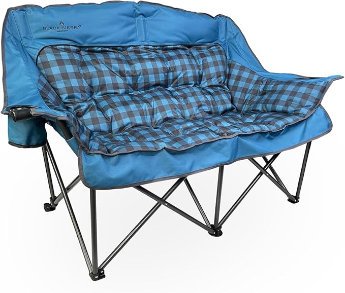 Black Sierra Double Camping Chair for Adults Oversized Folding Loveseat Supports 600 lbs Plush Padded Outdoor Couch with Cup Holders and Carry Bag for Beach Patio RV or Tailgating Events