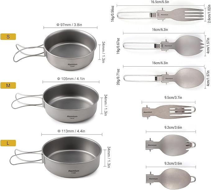 Titanium Camping Bowls and Utensils Set Lightweight Portable Titanium Plates with Folding Handle &amp Forks Spoons Travel Cutlery Dinnerware for Outdoor Camping Backpacking Hiking Picnic